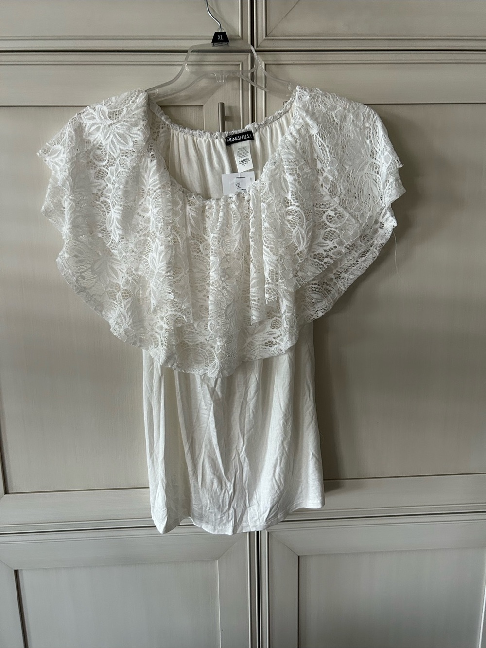 HEIMISH USA White Lace Ruffle Off-Shoulder Blouse
